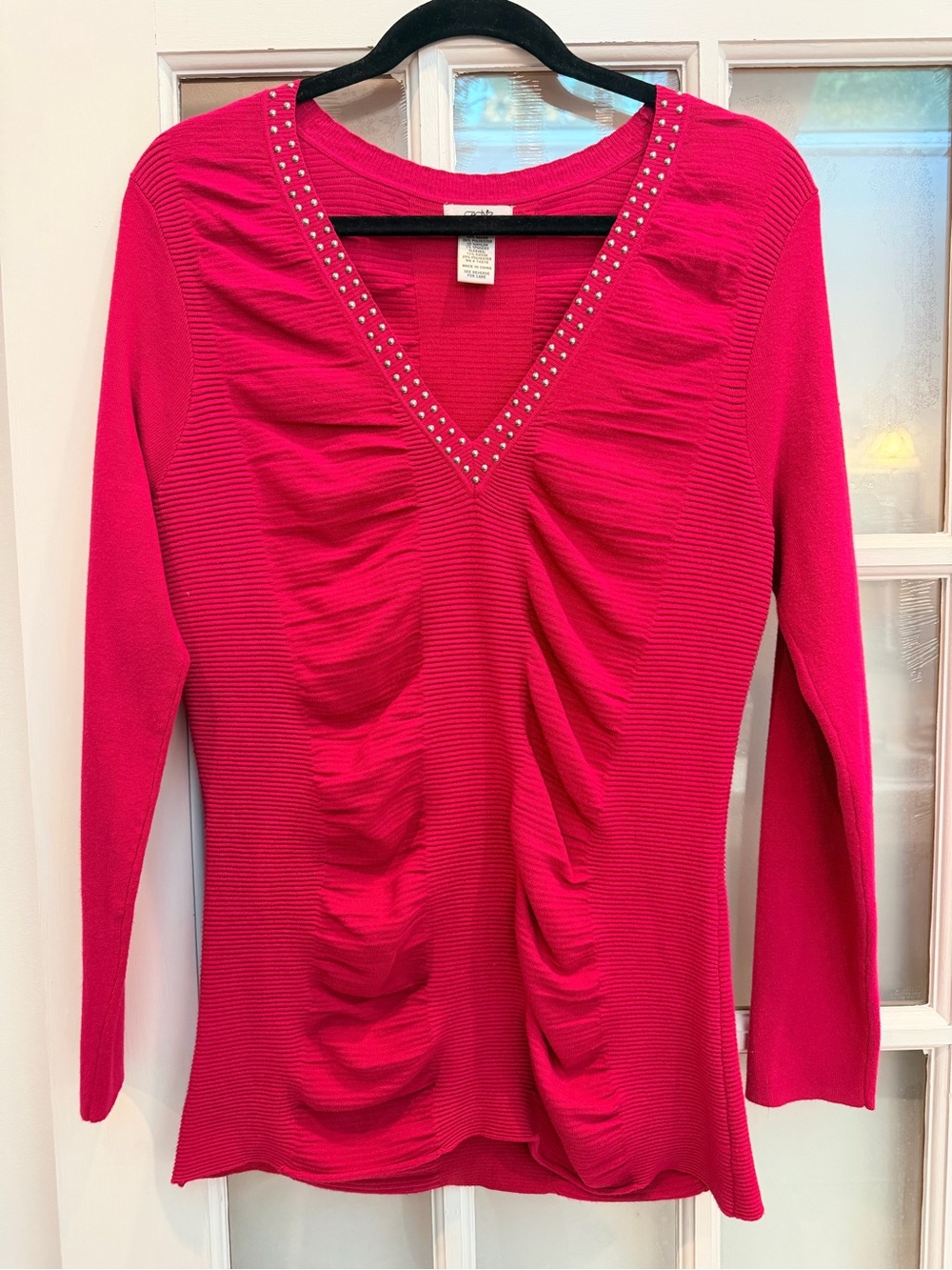 Vintage Cache Y2K Hot Pink V-Neck Ruched Long Sleeve Top Stud Trim Size L